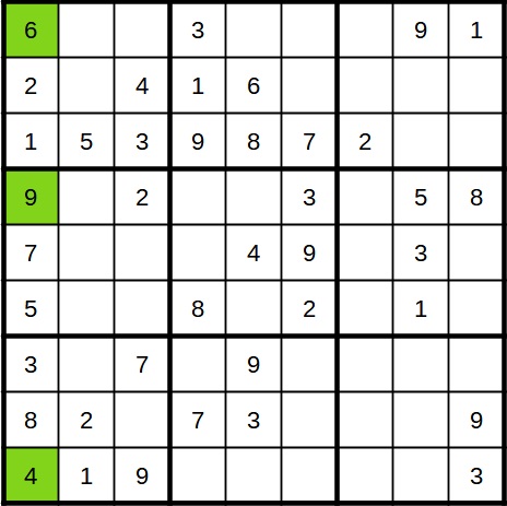 Sudoku mit drei offenen Feldern - Lösung